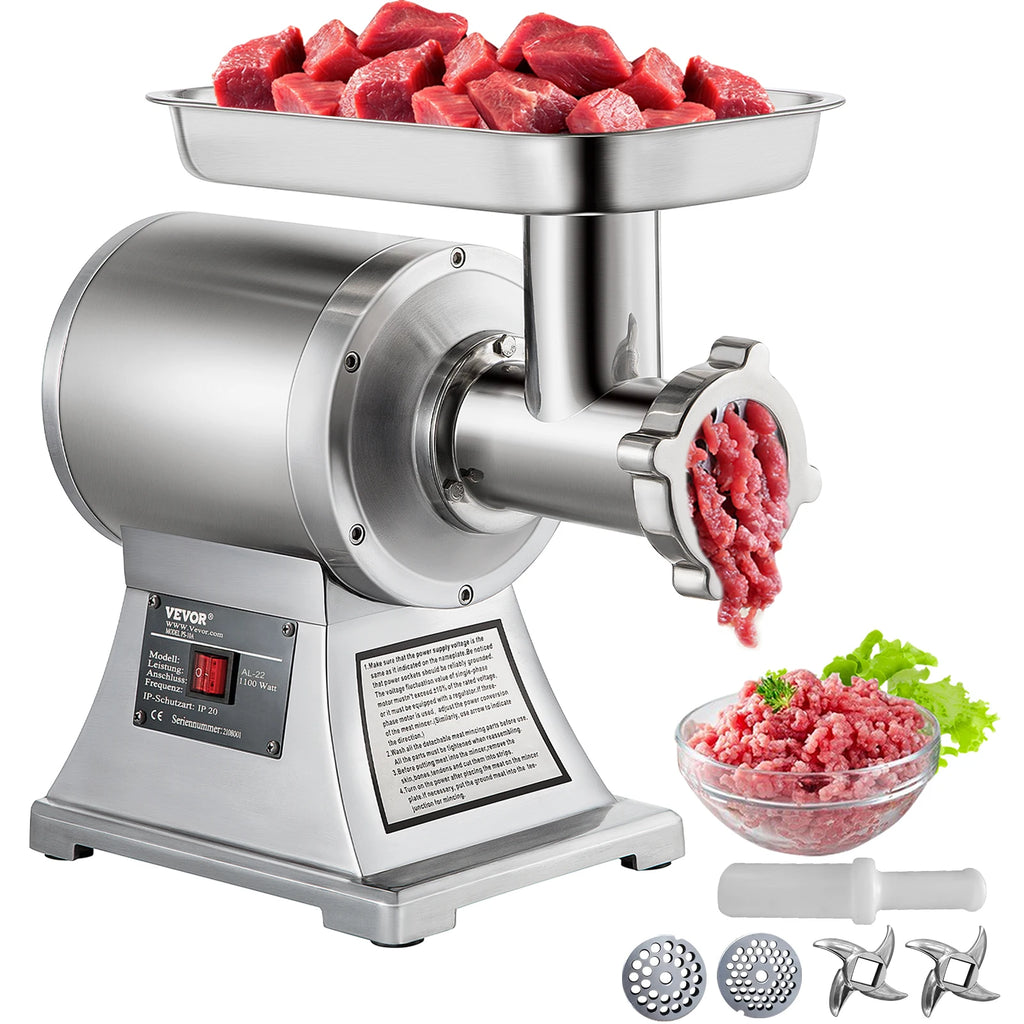 Commercial Meat Grinder 550LB/h Electric Sausage Maker Stainless Steel with 2 Blades, Grinding Plates & Stuffing Tubes