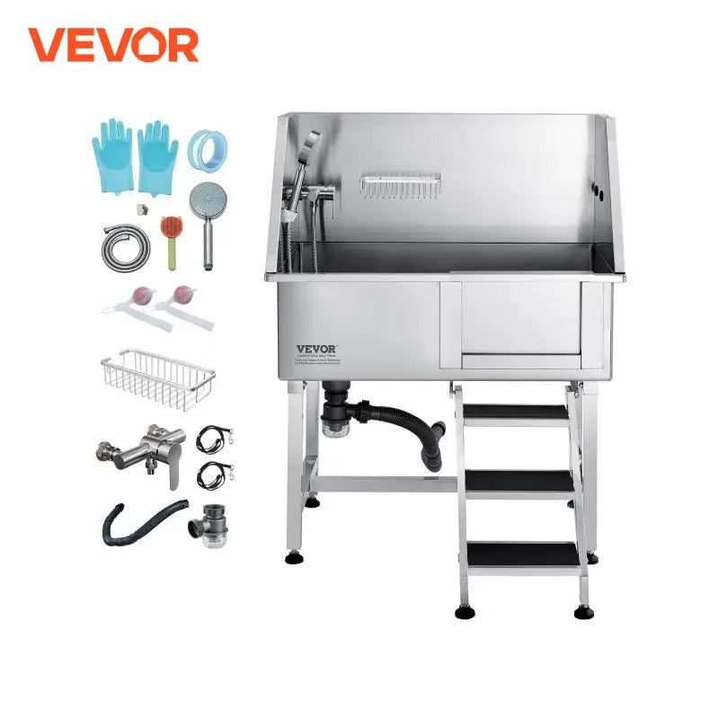 38" Pet Dog Grooming Tub Bathing Station with Storage Drawer Floor Grate Dogs Washing Sink Bathtub for Home Pets Shop