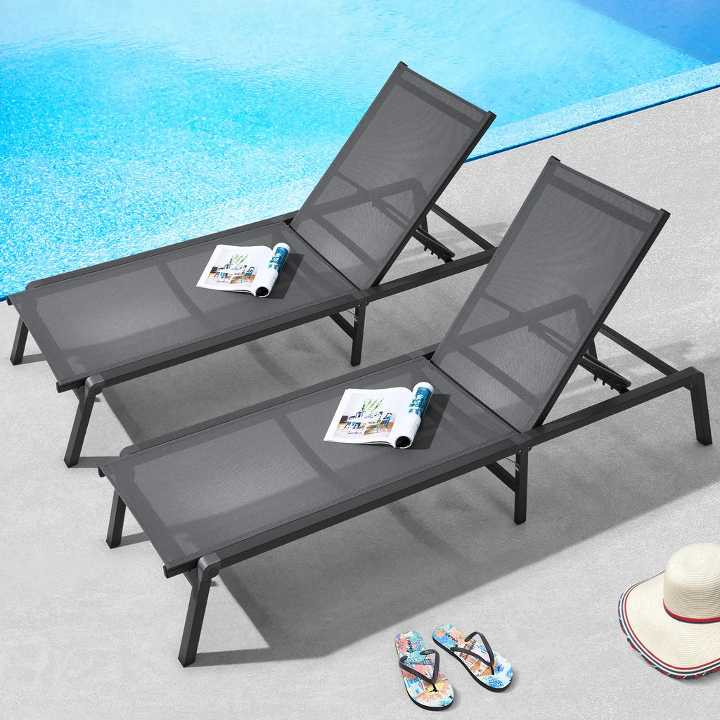 2 pcs Chaise Lounge Chairs Outdoor Aluminum Patio Lounge Chairs with Adjustable 5-Position for Patio, Beach, Pool