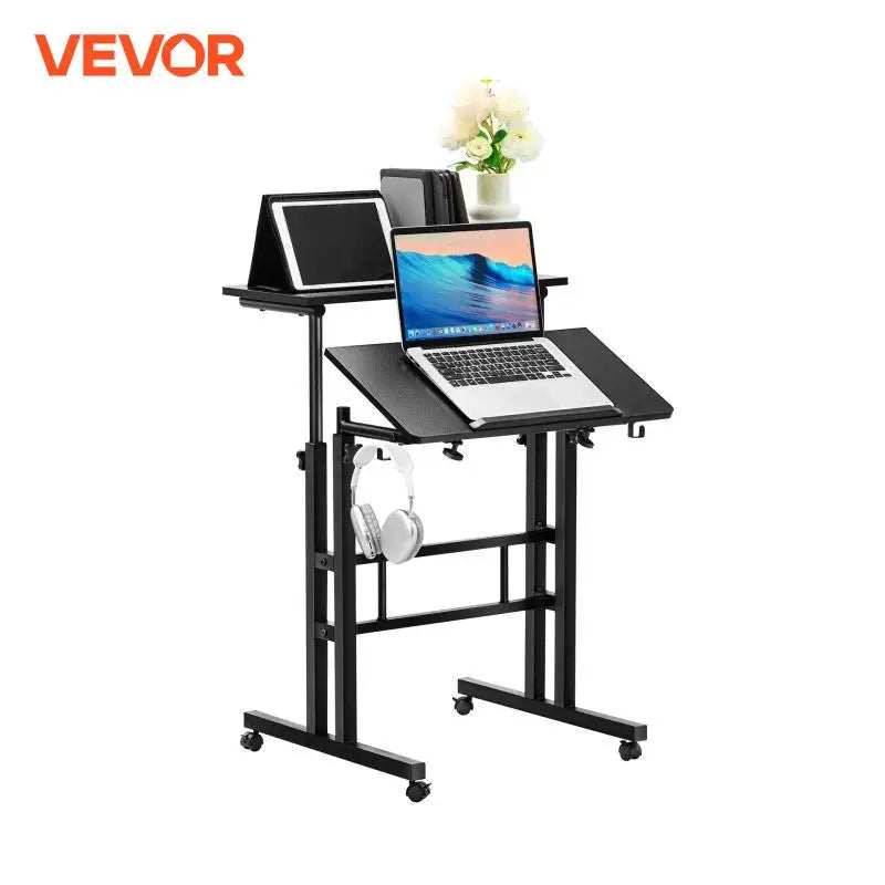 26.4"-44.9" Gas-Spring Height Adjustable Sit-Stand Desk with 360° Swivel Wheels Home Office Rolling Laptop Table Tiltable