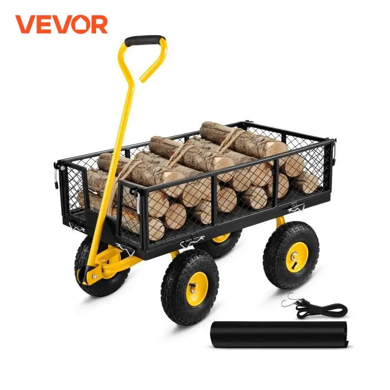 Steel Garden Cart Heavy Duty 500/900/1200/1400lbs Capacity with Removable Mesh Sides to Convert into Flatbed Metal Wagon