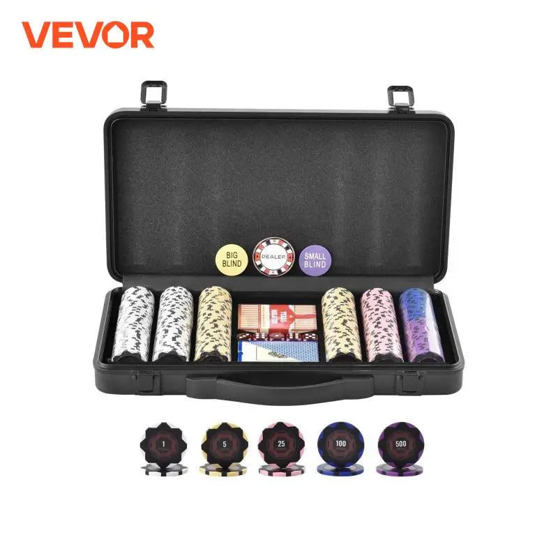 Poker Chip Set Complete Poker Playing Game Set with 14 Gram Casino Clay Chips Cards Buttons and Dices for Texas Hold'em