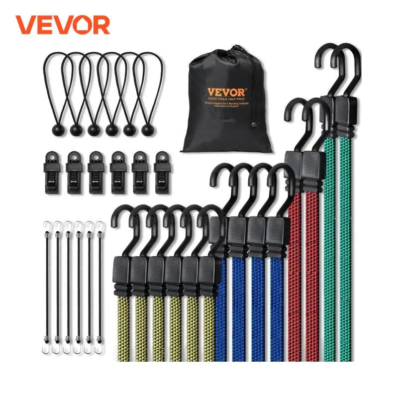 32pcs Bungee Cords 2M Elastic Luggage Bungee Straps with A3 Steel J-Hooks Anti-slip Flat Elasticity Rope for Cargo