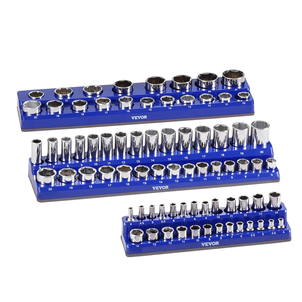 3PCS Metric Magnetic Socket Organizer Set 1/4'' 3/8'' & 1/2'' Socket Trays Hold up to 75PCS Standard & Deep Sockets