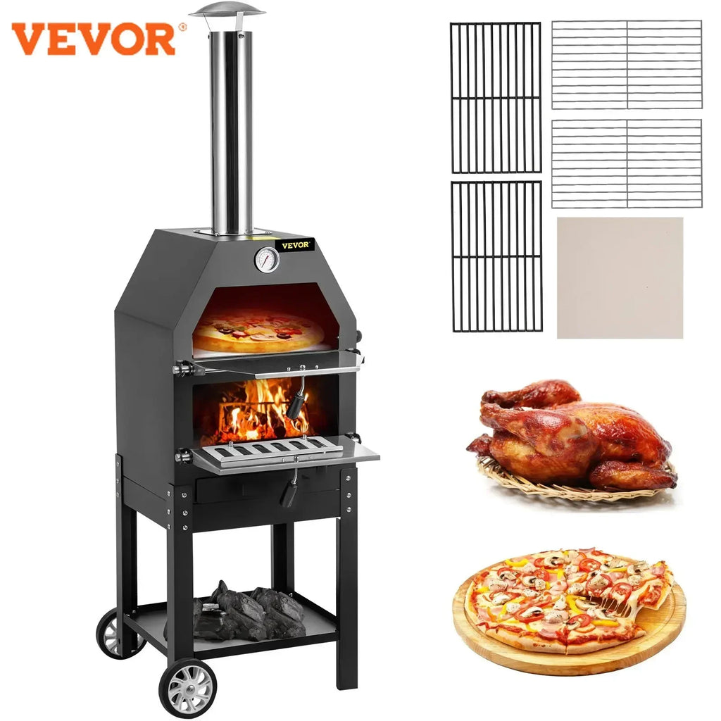 12" Outdoor Pizza Oven,2-Layer Wood Fire Pizza Oven ,Wood Burning Outdoor Pizza Oven w/ 2 Removable Wheel ,for Camping