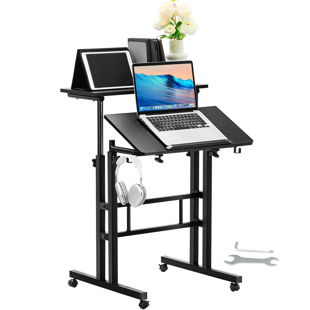 Mobile Standing Desk 26.4"-44.9" Gas-Spring Height Adjustable Sit-Stand Desk, Home Office Rolling Laptop Table  for Home