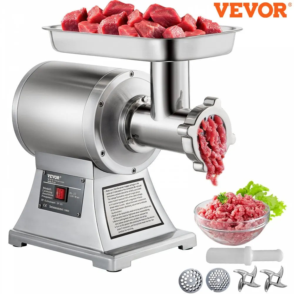 Commercial Meat Grinder 550LB/h Electric Sausage Maker Stainless Steel with 2 Blades, Grinding Plates & Stuffing Tubes