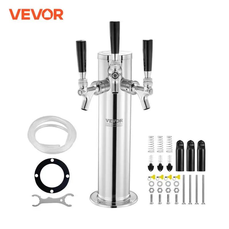 Triple Taps Draft Beer Tower Dispenser Stainless Steel Keg Beer Tower Kegerator Tower Kit Pre-Assembled Tubing for Bar