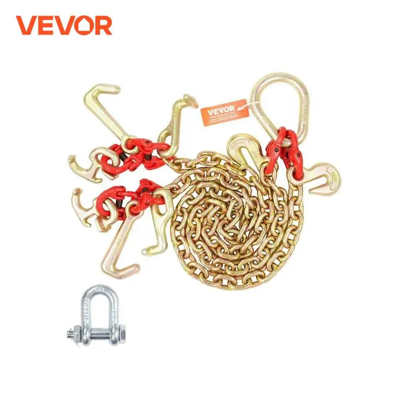G80 V Towing Binder Chain with R/T/J Hook & Grab Hooks Transport Tow Bridle Chain for Flatbed Truck Wrecker Recovery