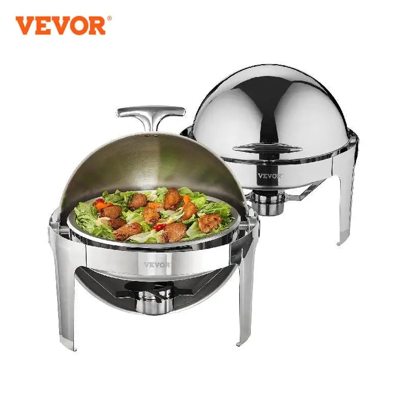 Roll Top Chafing Dish Buffet Set 6 Qt 2 Pack Stainless Steel Chafer with 2 Full Size Pans Round Catering Warmer Server
