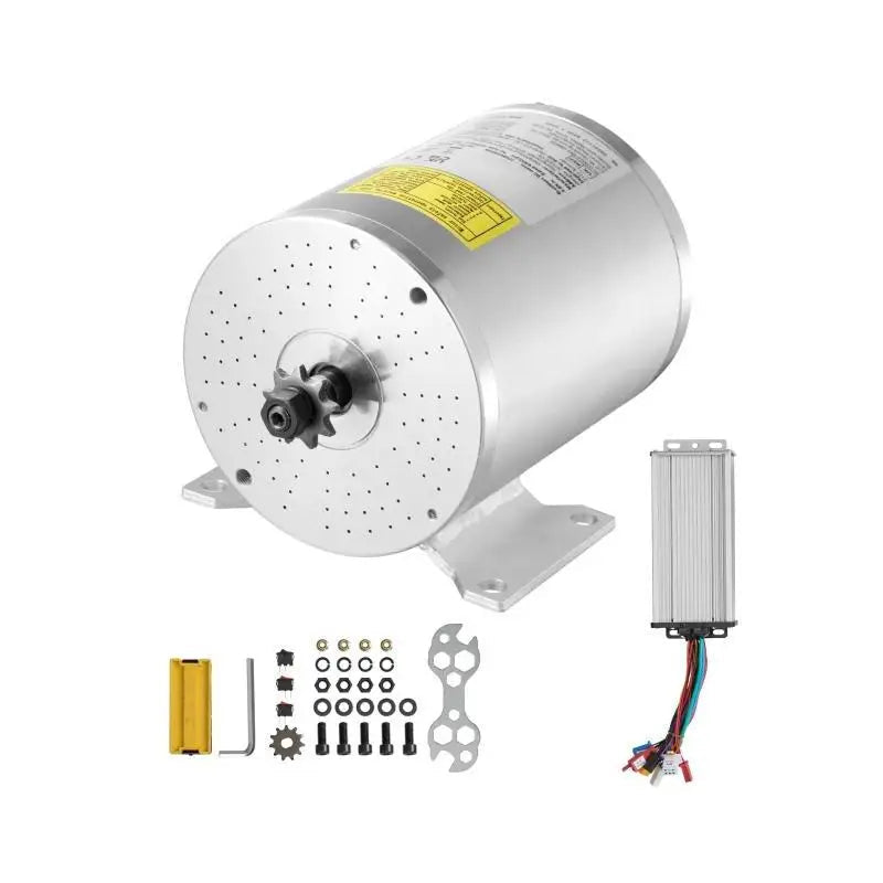 An electric brushless DC motor kit which includes a silver motor body, a controller, assembly hardware, and a set of mounting brackets.
