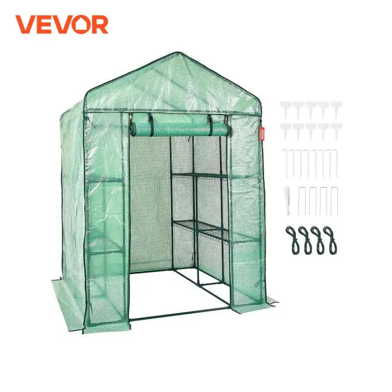 Walk-in Green House Greenhouse with Shelves High Strength PE Cover with Doors & Windows and Steel Frame for Planting