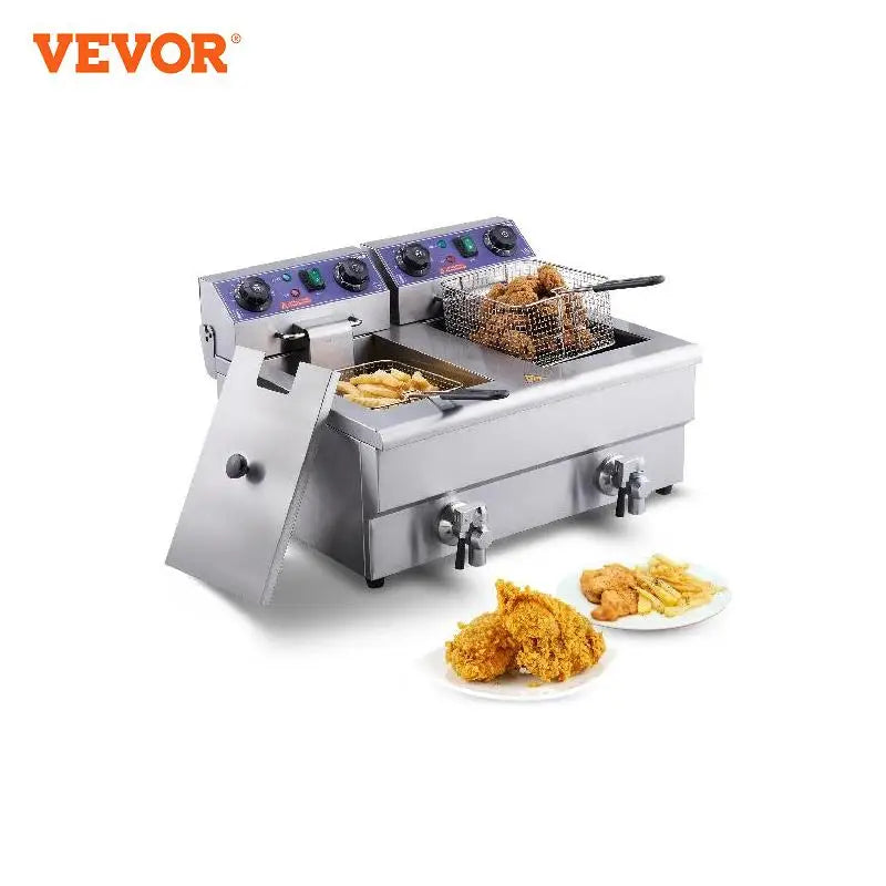 Electric Deep Fryer w/Dual Removable Tanks 24L 3000W Commercial Countertop Fryer for Chicken French Fries Frying Chips