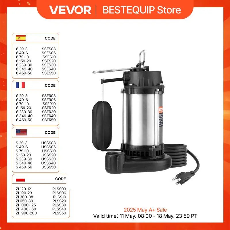 Submersible Sewage Pump Cast Iron with Automatic Float Switch Stainless Steel for Clean Flooded Basement Yard Farm Sewer