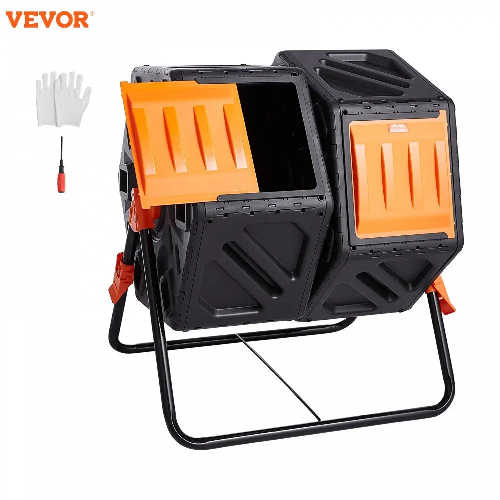 Compost Bin Dual Chamber Composting Tumbler, High Volume Two Rotating Chambers with 2 Sliding Door and Steel Frame