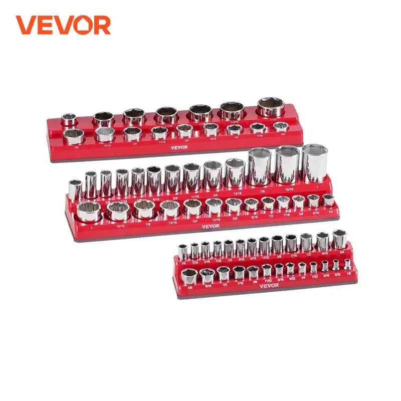 3PCS Red Magnetic Socket Organizer Set 1/4'' 3/8'' 1/2'' SAE Socket Trays up to 68PCS Standard & Deep Sockets for Tools