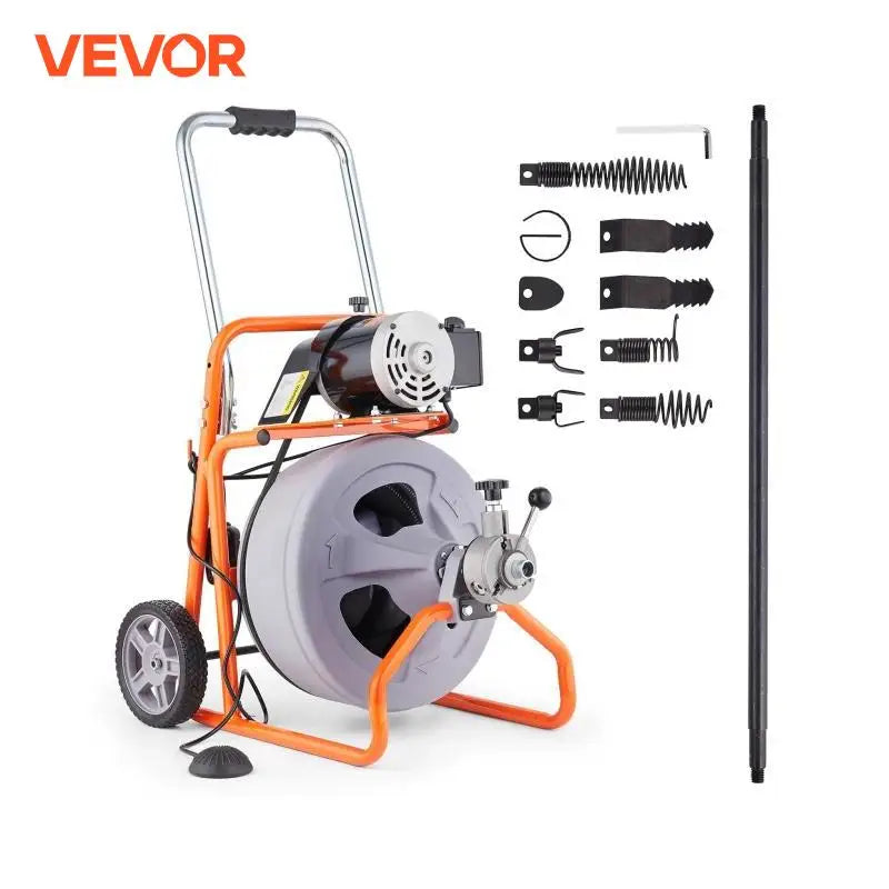 Drain Cleaner Machine 75FT x 1/2 Inch Auto Feed Sewer Snake Drain Auger on Wheels Drain Cleaning Machine with 8 Cutters