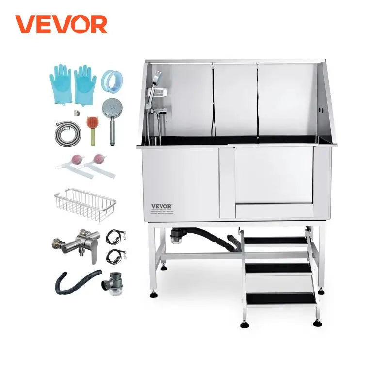 50" Pet Dog Bathing Station with Stairs Faucet Bathtub Stainless Steel Dog Grooming Tub for Large Pets Washing Sink