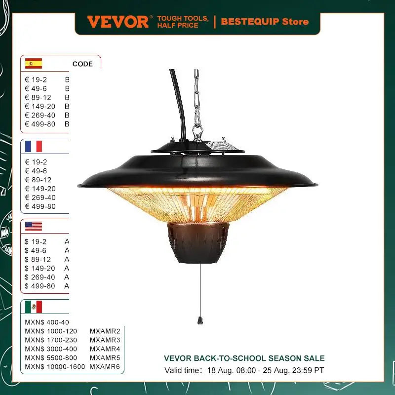 Hanging Patio Heater  1500W  with 23.6 inch Pull Cord And 20 inch Adjustable Chain  for Porch Patio Dining Room Studio