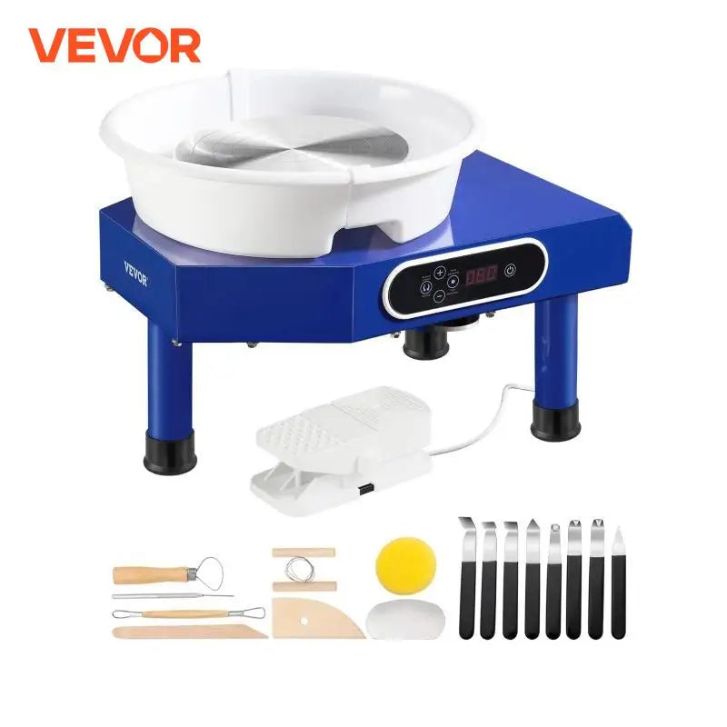 10in Pottery Wheel Machine Ceramic Forming Adjustable 60-300RPM Speed Manual LCD Panel Foot Pedal ABS Detachable Basin