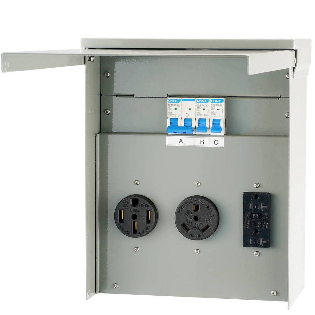 Temporary Power Outlet Panel 125/250 Volt with a 20/30/50 Amp Receptacle Installed RV Power Outlet Box for Camper, Trailer