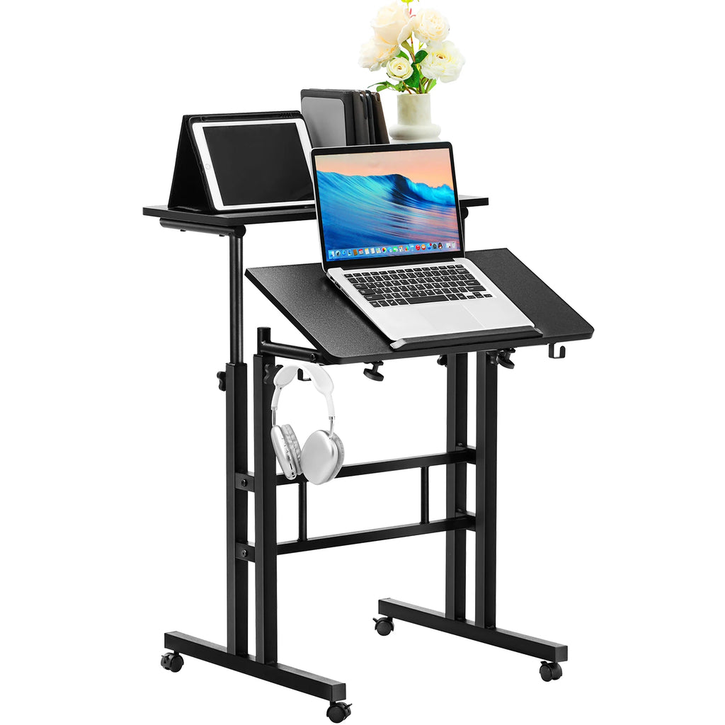 26.4"-44.9" Gas-Spring Height Adjustable Sit-Stand Desk with 360° Swivel Wheels Home Office Rolling Laptop Table Tiltable