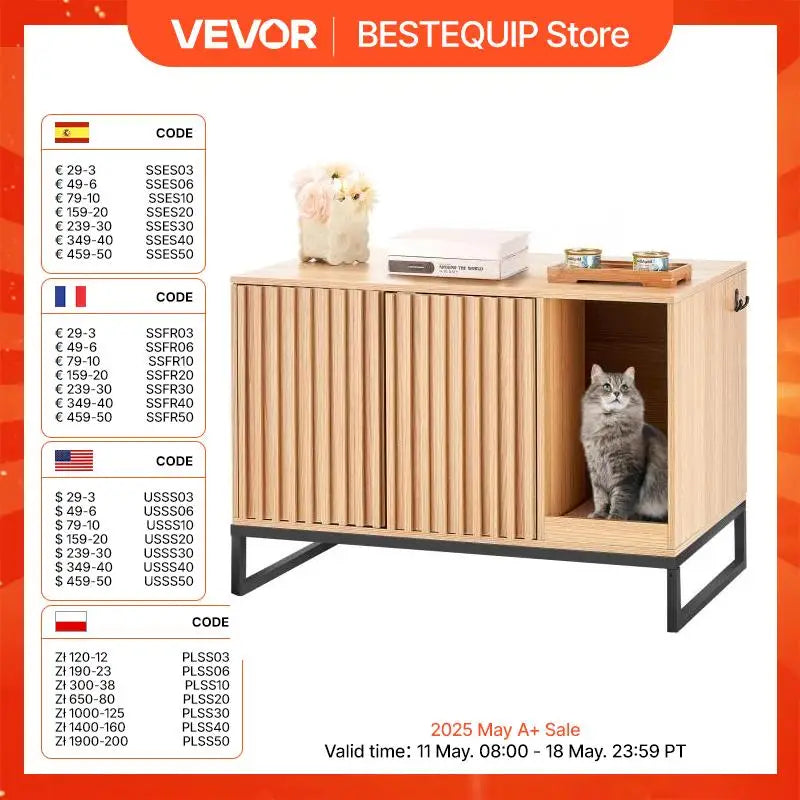 Cat Litter Box Enclosure Hidden Litter Box Furniture Wooden Cat Washroom Indoor with 2 Doors & Study Metal Legs Cat House