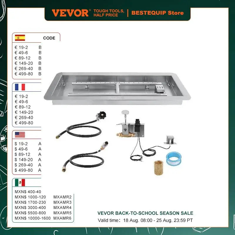 24 x 8" Drop-in Fire Pit Pan Rectangular Stainless Steel Burner Natural & Propane Gas Fire Pan 120000 BTU with H-Burner