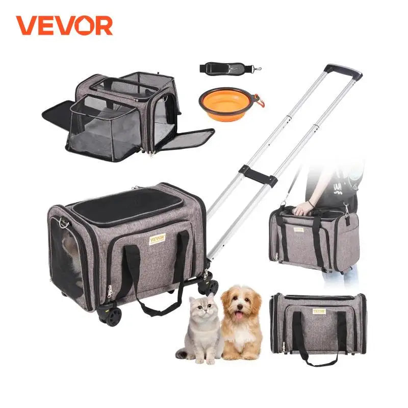Pet Cat Carrier Breathable Outgoing Dog Carry Backpack with Telescopic Handle Wheels and Shoulder Strap for Travel Trip