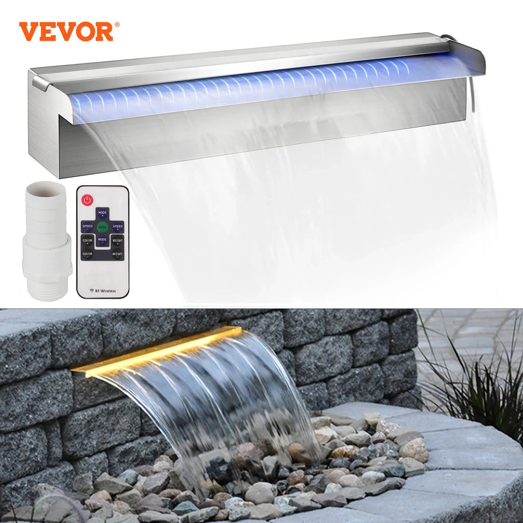 Pool Fountain Swimming Waterfall Rectangular Pool Fountains with LED Strip Light Stainless Steel Pond Waterfall Cascade