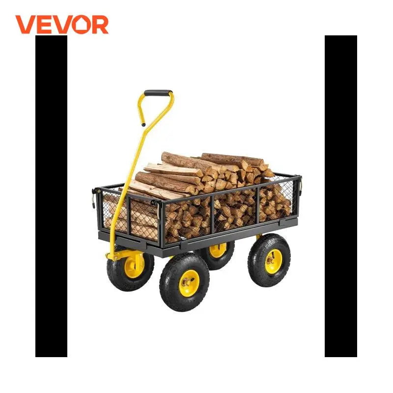 Steel Garden Cart Pullable on Wheels Metal Yard Wagon Cart with All Terrain Tires Mesh Removable Sides and Rotating Handle