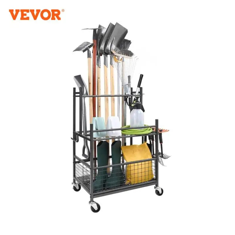 16 Slots Garden Tool Organizer Yard Tool Tower Rack with Hooks Wheels Long-Handled Rake Stand Holder for Garage Storage