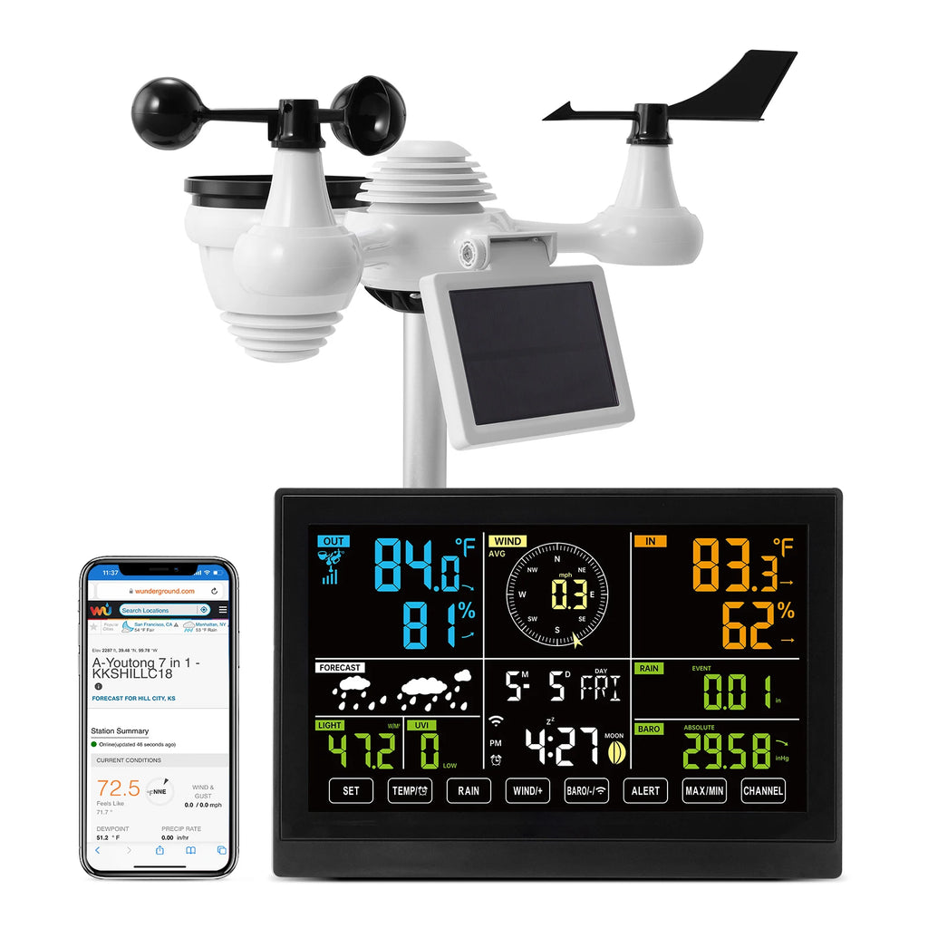 7in1 Solar Powered Wi-Fi Weather Station 7.5 in Color Display Home Wireless Weather Station for Temperature Humidity Wind