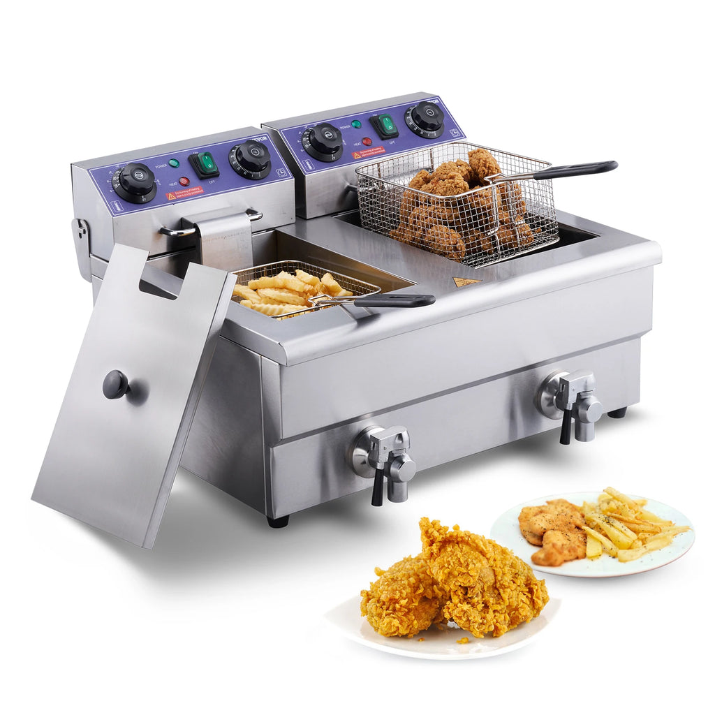 Electric Deep Fryer w/Dual Removable Tanks 24L 3000W Commercial Countertop Fryer for Chicken French Fries Frying Chips