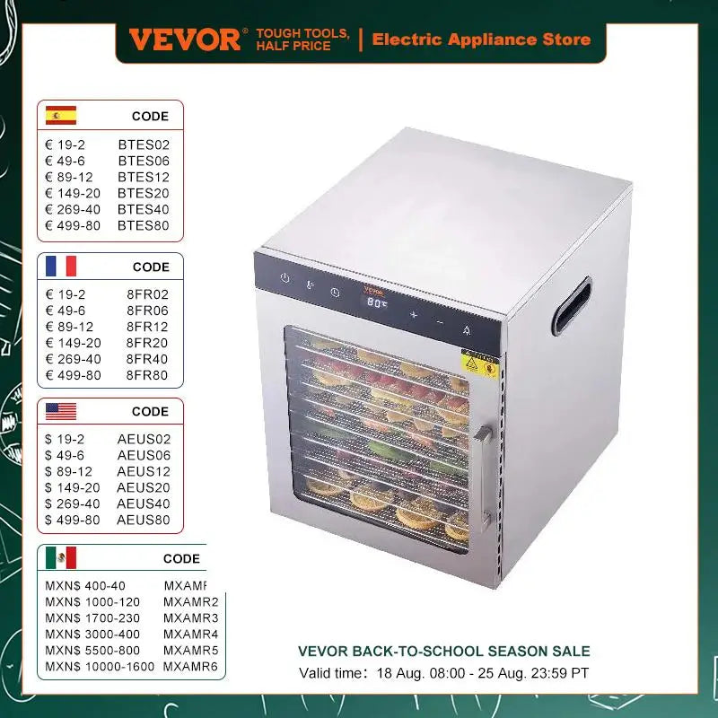 10 Trays Food Dehydrator Stainless Steel Machine 800W/1000W Household Vegetables Fruit Dryer with Digital Timer for Home