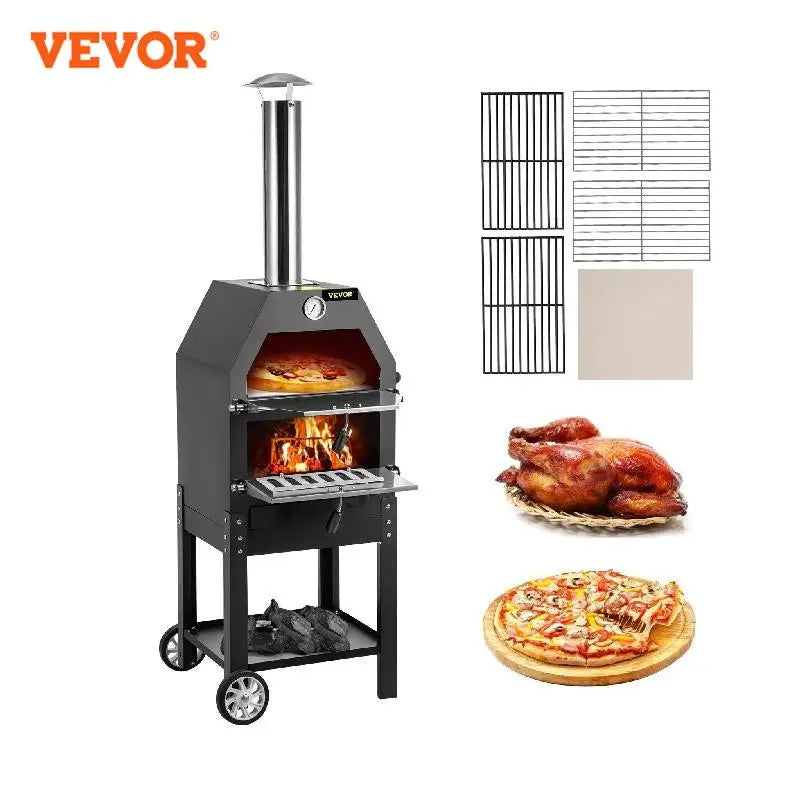 12" Wood Fried Pizza Oven with Wheels & Handle Labor-Saving 2-Layer Portable for Backyard Camping Site Park Outdoor Baking