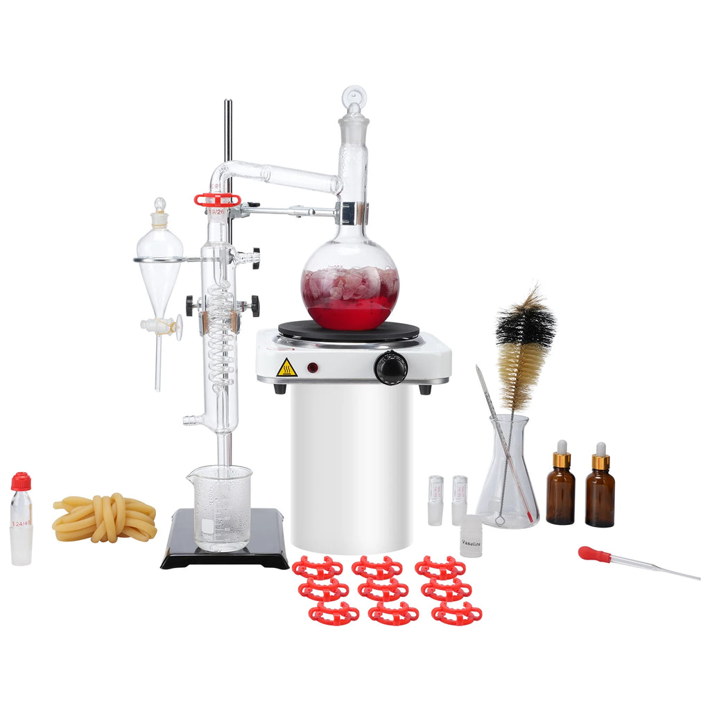 Essential Oil Distillation Kit 500ml/2L Distillation Apparatus 3.3 Boro Lab Glassware Distillation Kit with 1KW Heat Plate