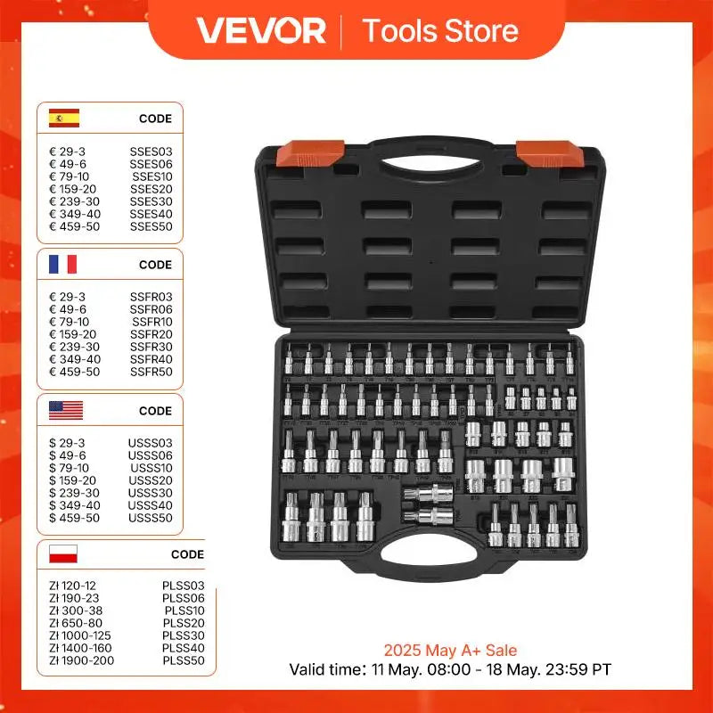 Torx Bit Socket and External Torx Socket Set 60-Piece T6-T70 TT6-TT70 TP8-TP60 E4-E24 S2 Alloy Steel and Cr-V Steel