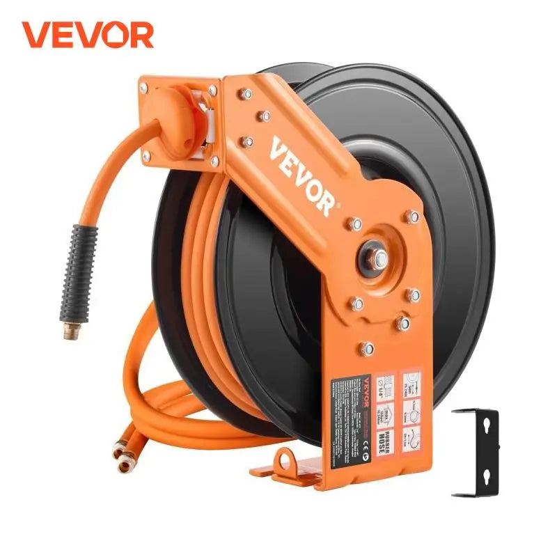 Retractable Air Hose Reel 50FT Rubber Air Compressor Hose Reel Auto-Rewind with 5FT Lead in Ceiling Wall-Mounted Air Hose