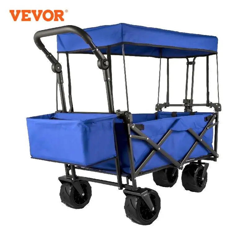 Folding Wagon Cart W/ Adjustable Handle Bar Removable Canopy Oxford Cloth Collapsible Shopping Outdoor Camping Beach Cart