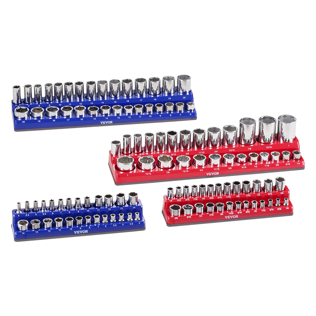 4PCS Magnetic Socket Organizer Set 1/4'' 3/8'' Metric SAE Socket Trays with Clear Labels for Factory Tools Repair Garage