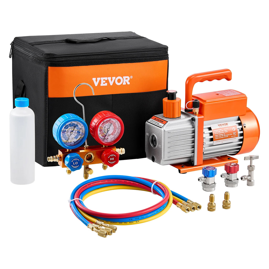 3.5CFM AC Vacuum Pump & Gauge Set Single Stage Rotary Vane HVAC Air Vacuum Pump A/C Refrigerant Manifold Gauge Kit w/Hose