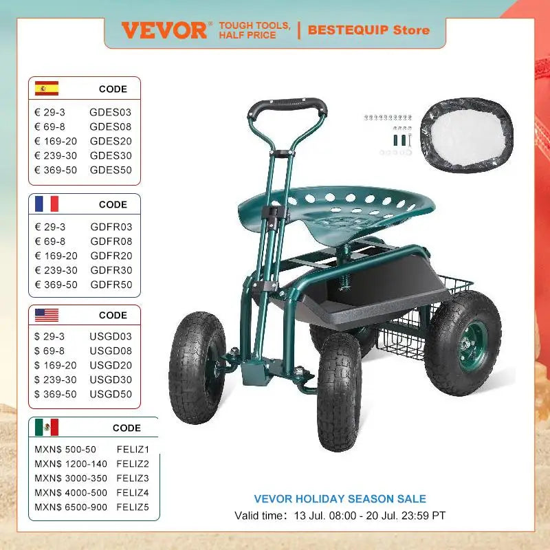 Garden Cart Rolling Workseat with Wheels Gardening Stool for Planting 360 Degree Swivel Seat Wagon Scooter with Steering