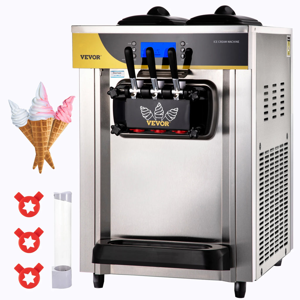 Commercial Pre-cooling Unfreeze Ice Cream Maker 2200W Countertop Soft Serve Machine w/ 2x6L Hopper 2L Cylinder LCD Panel