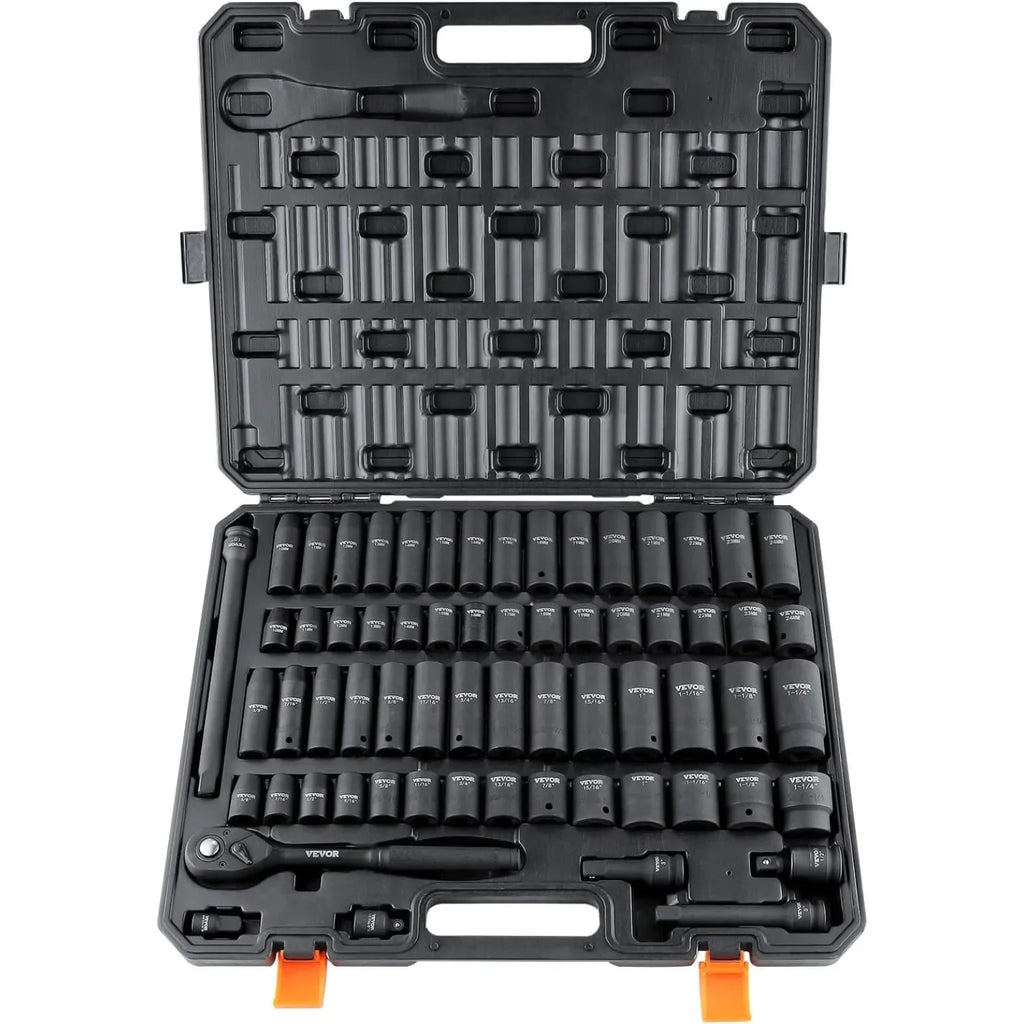 1/2" Drive Impact Socket Set, 65 Piece SAE 3/8" to 1-1/4" and Metric 10-24mm, 6 Point Cr-V Alloy Steel for Auto Repair