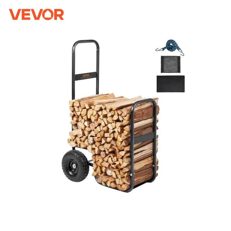Firewood Log Cart Outdoor and Indoor Wood Rack Storage Mover with Wheels Heavy Duty Steel for Fireplace Fire Pit Black