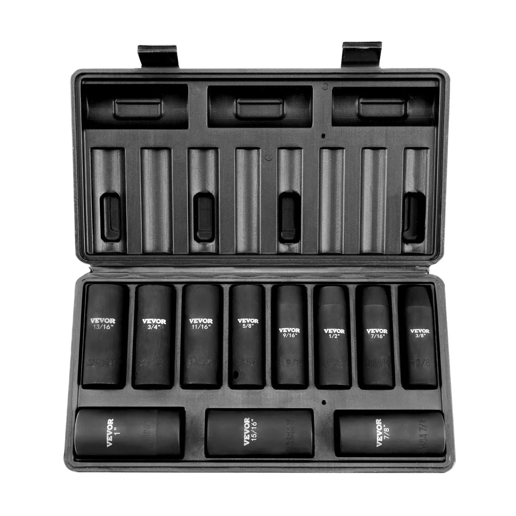 1/2" Drive Impact Socket Set, 11 Piece Deep Socket Set SAE 3/8"-1", 6 Point CR-V Alloy Steel for Auto Repair