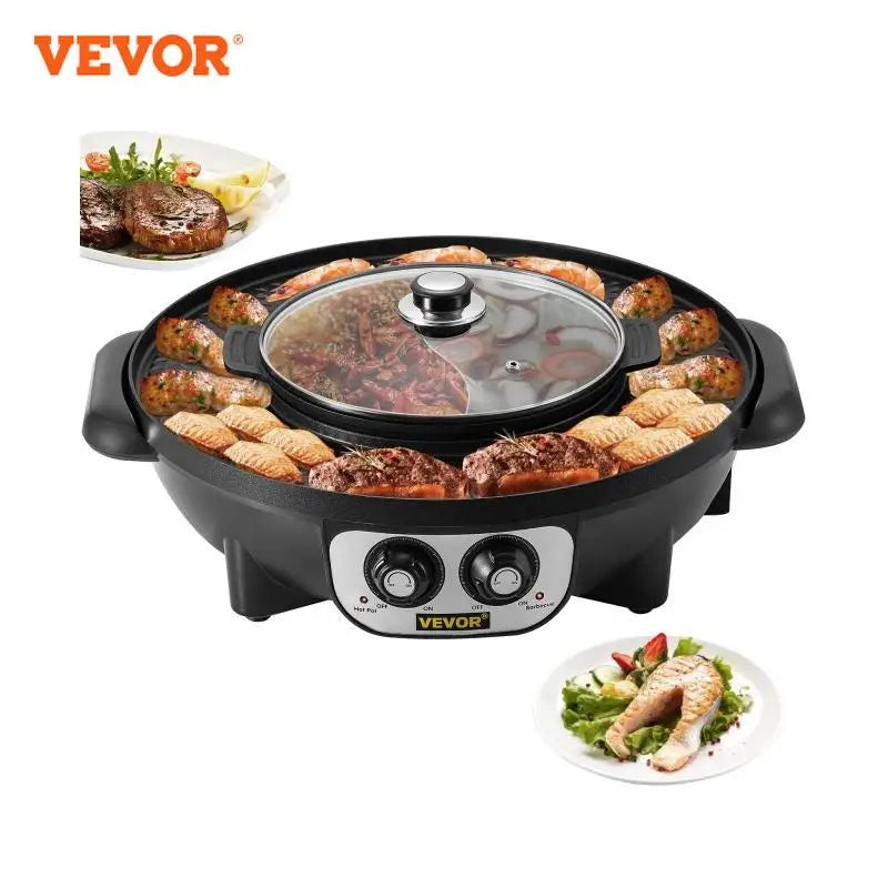 2 in 1 Electric Hot Pot BBQ Grill 2200W Multifunction Portable Home Non-Stick Split Pot Smokeless Skillet Barbecue Pan