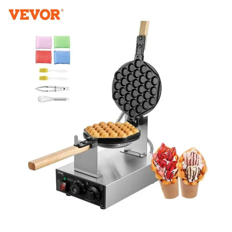 Commercial Egg Bubble Waffle Maker 1400W Non-Stick Stainless Steel Bubble Puff w/180° Rotatable 2 Pans & Wooden Handles