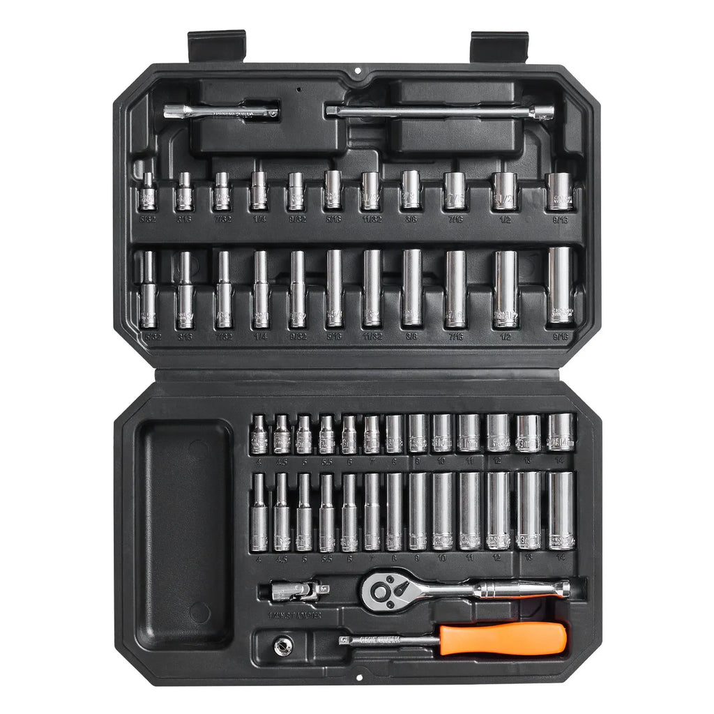 Socket Set 6-Point Socket Opening 54 Pieces Tool Set SAE and Metric Deep Standard Sockets with Accessories Storage Case